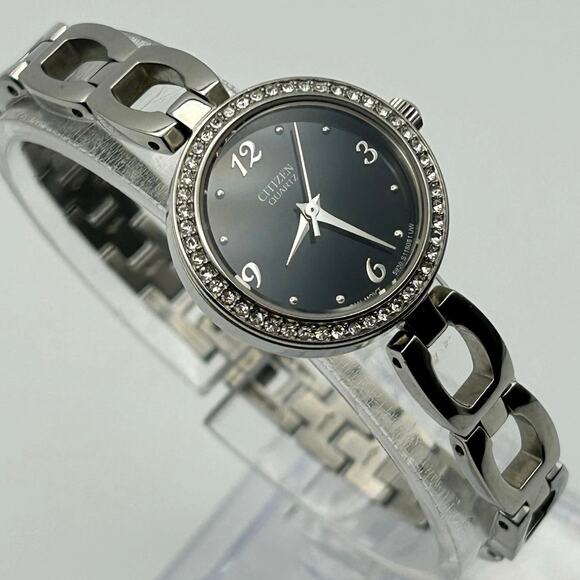 Citizen Silver Tone Black Dial Crystal Bezel Women’s Watch Working New Battery main image 6